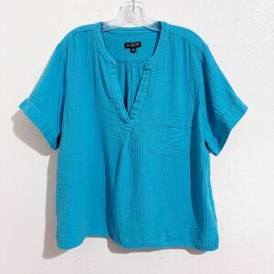 J. Crew V-Neck Double-Gauze Popover Short Sleeve Top in‎ Blue